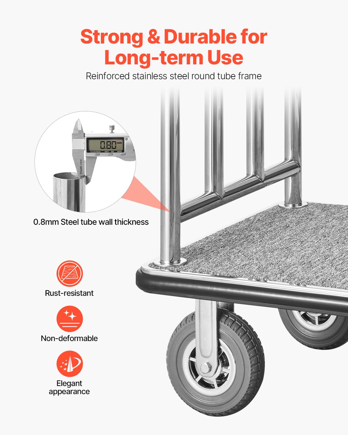 VEVOR Hotel Luggage Cart, Brushed Stainless Steel Finish Bellman's Cart, 1200 LBS Valet Cart with Grey Carpeted Deck and 8-inch Rubber Wheels, Ideal for Hotels, Condos, Resorts, Silver