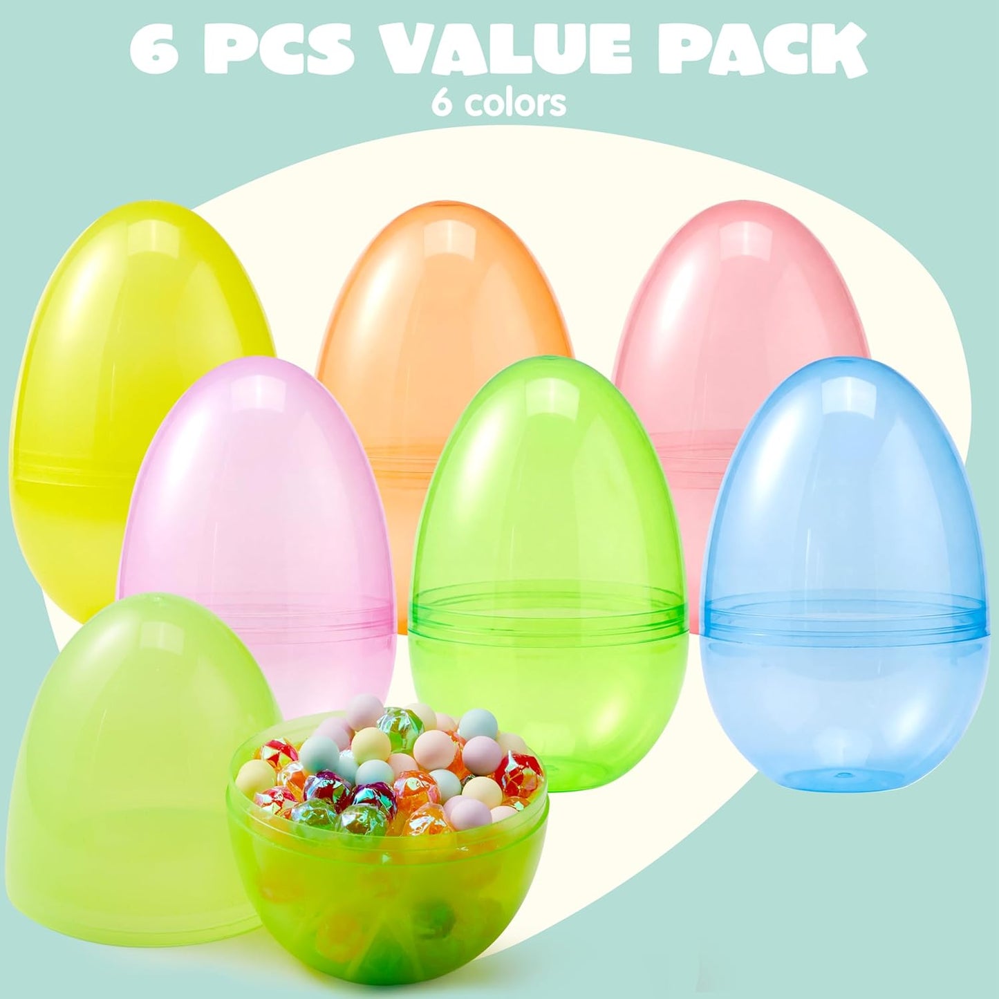 6 7" 6 JOYIN Pcs Jumbo Plastic Easter Eggs, Clear Colors Empty Eggs for Filling Treats Easter Party Favor Hunt Basket