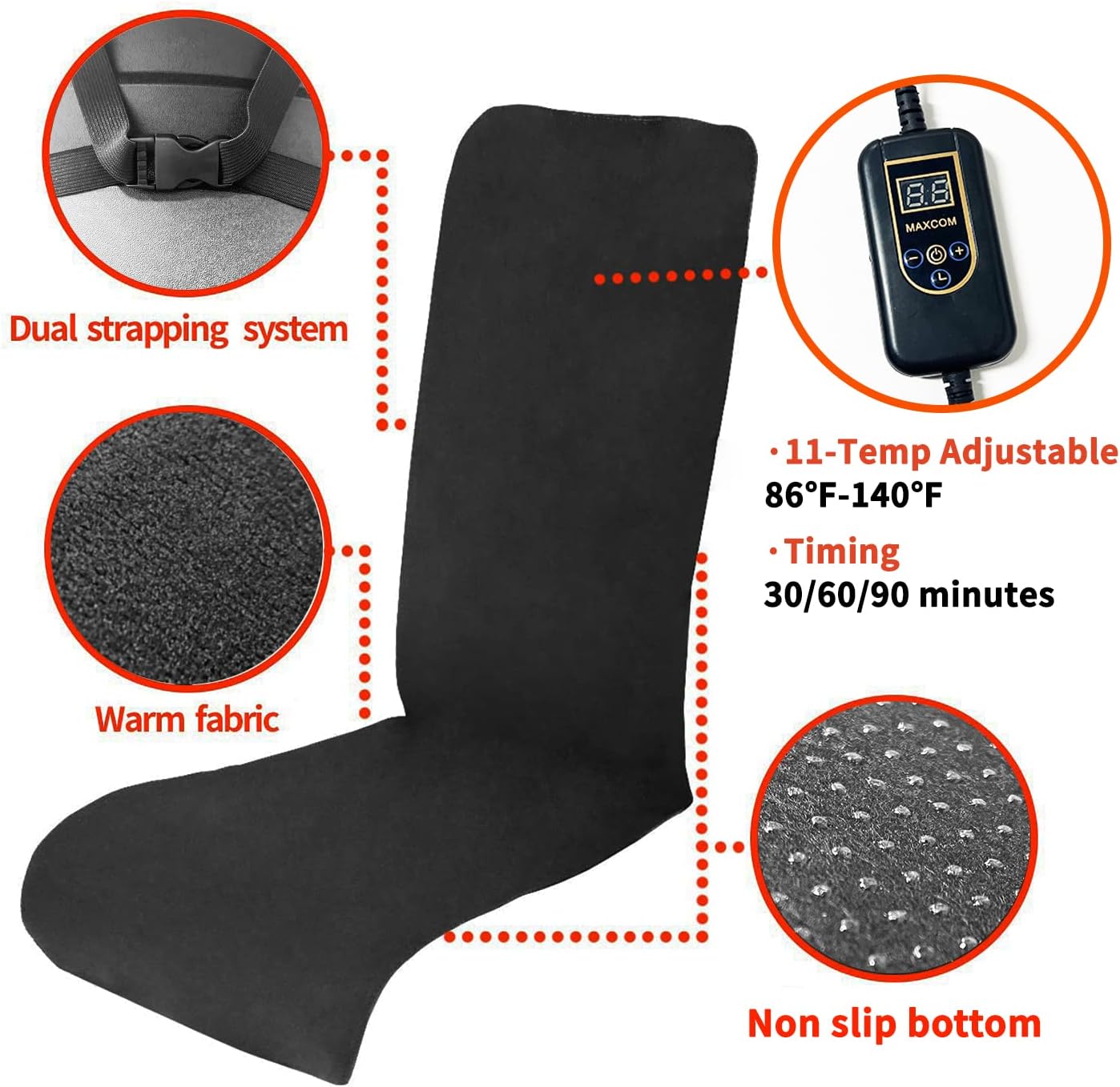 MAXCOM Foldable & Washable Fabric Heated Seat Cushion with Temperature Control & Timer - Whole Back Heating