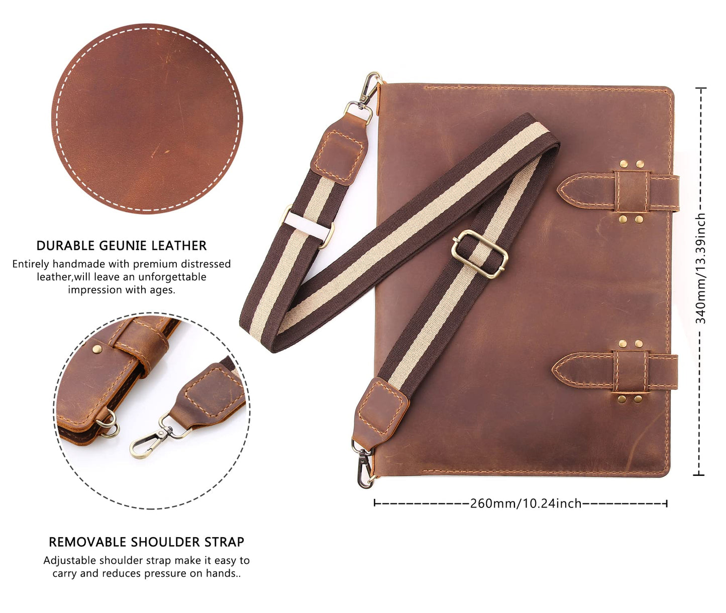 Robrasim Handmade Leather Sketchbook Cover, Artist Sketch Pad Holder for 9"X12" Top Spiral Bound Sketchbook, Drawing Book Pencil Case, Journal Portfolio with Shoulder Strap, Artist Gifts,Brown