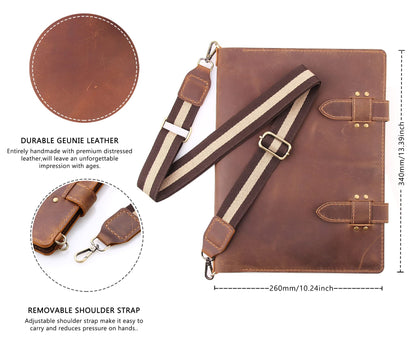 Robrasim Handmade Leather Sketchbook Cover, Artist Sketch Pad Holder for 9"X12" Top Spiral Bound Sketchbook, Drawing Book Pencil Case, Journal Portfolio with Shoulder Strap, Artist Gifts,Brown