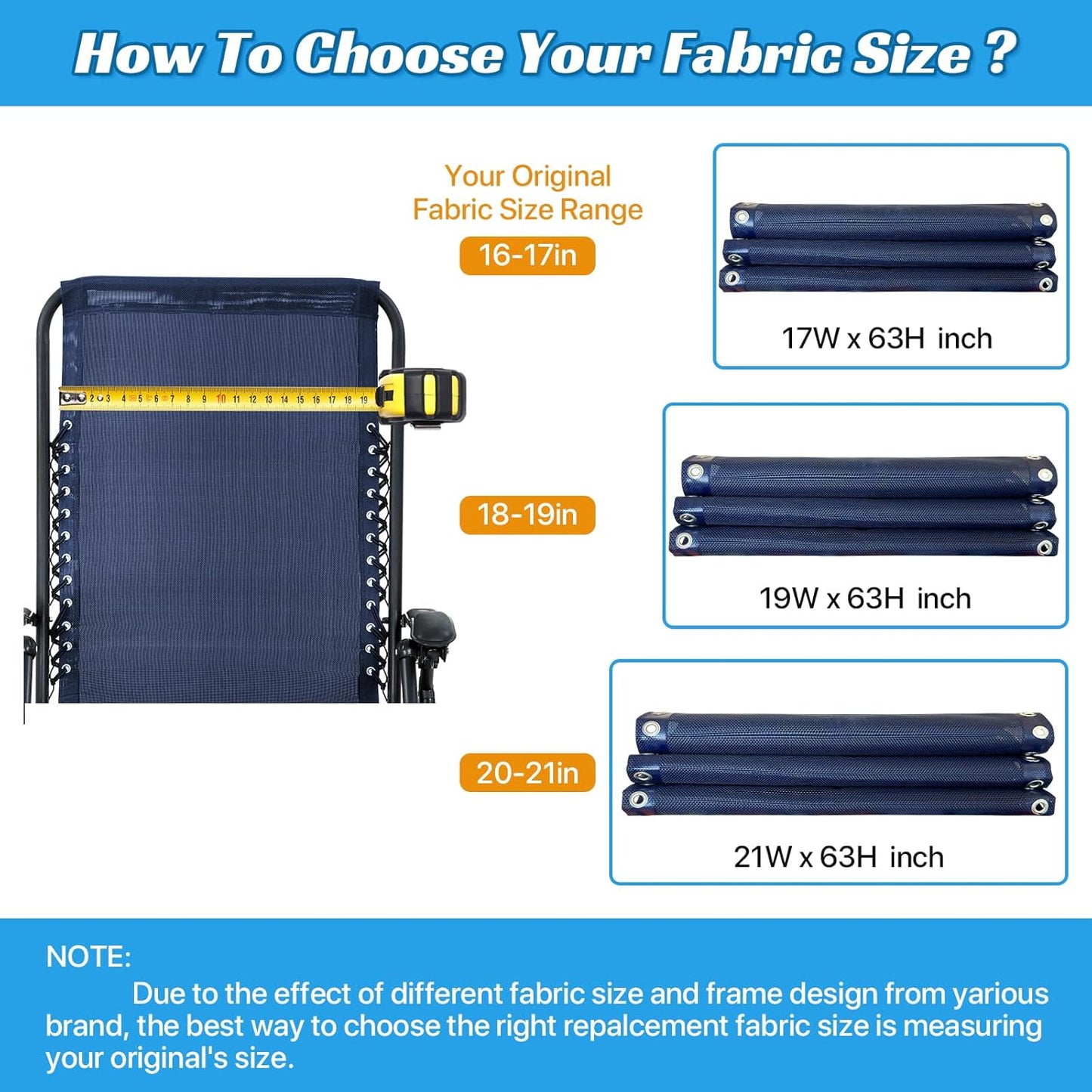21" 63" Ostlttyn Zero Gravity Chair Replacement Fabric Kit, W x L Repair Cloth with Replacement Bungee Cord for Anti