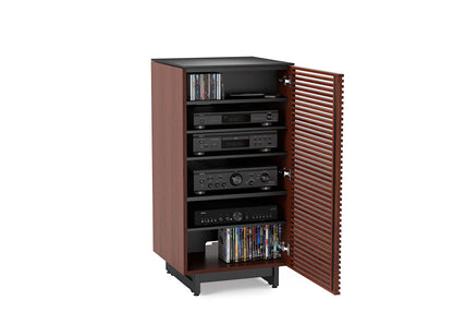BDI Furniture Corridor 8172-22'' Audio Cabinet with Flow-Through Ventilation, Cable Management, Adjustable Shelves, Louvered Doors, Satin-Etched Tempered Glass Top, Chocolate Stained Walnut
