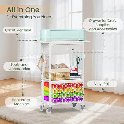 Snughome Craft Cart Compatible with Cricut Maker, Craft Organizers and Storage Table for Cricut Cart with Wheels, Drawer and 28 Vinyl Roll Holders, White, 23.6"(L) x 9.5"(D) x 31.7"(H)