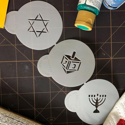 Designer Stencils Jewish Symbols Cookie and Cupcake Stencils, Small, Dreidel, Star of David, Menorah, Beige