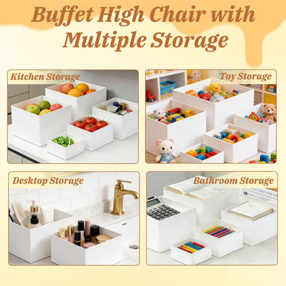 Qeanknar 6 Pcs White Acrylic Buffet Risers with Mini Sign and Maker, Food Display Stands for Buffet Table Party Catering Dessert Jewelry Collectibles,Nesting Cube Boxes with Hollow Bottoms