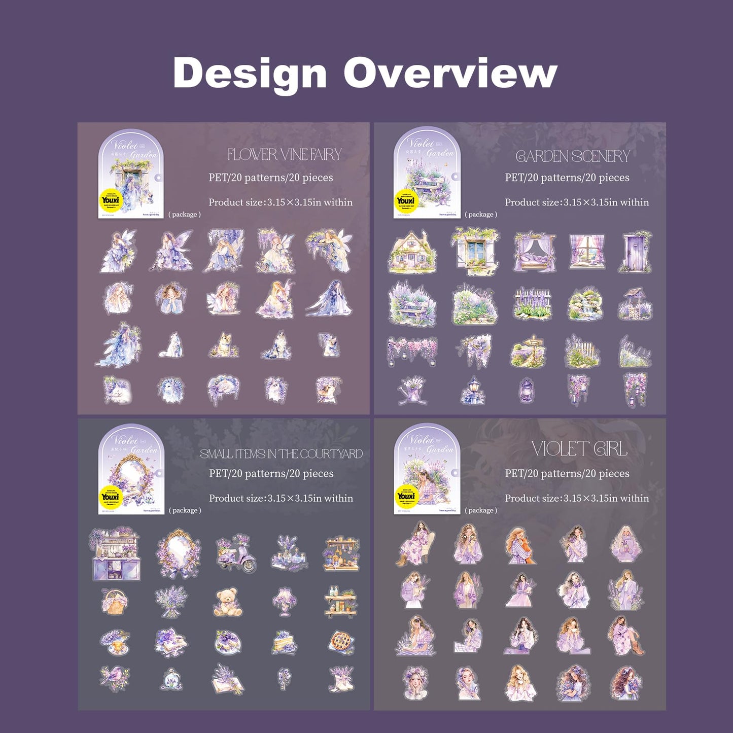 AuriicLeaf Violet Garden PET Sticker Set, 80PCS Fairy-Themed Scrapbook Supplies Journal Stickers in Purple for DIY Crafts, Planners, and Collages