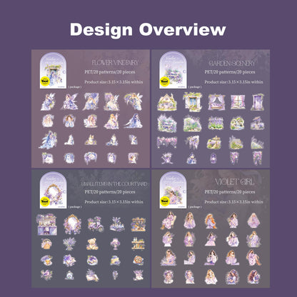 AuriicLeaf Violet Garden PET Sticker Set, 80PCS Fairy-Themed Scrapbook Supplies Journal Stickers in Purple for DIY Crafts, Planners, and Collages