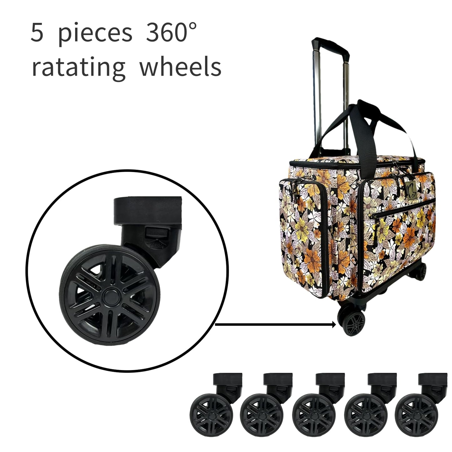 BatlFrist Rolling Sewing Machine Bag with Five 360-Degree Rotating Wheels,Sewing Machine Carrying Case Fits for Most Standard Sewing Machines,YKK zipper,Hard Bottom Pad (Floral)
