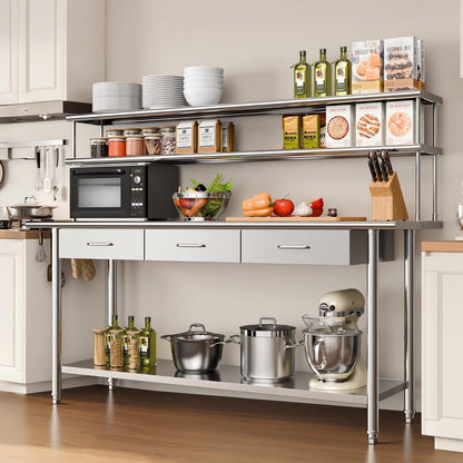 VEVOR Stainless Steel Work Table, 24x72 Inch Food Prep Table with Overshelves and 3 Drawers, Commercial Kitchen Workstation with Adjustable Undershelf, Metal Utility Worktable, for Restaurant Garage