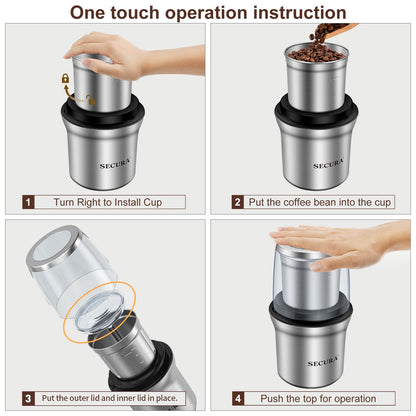 Secura Electric Coffee Grinder and Spice Grinder with 2 Stainless Steel Blades Removable Bowls
