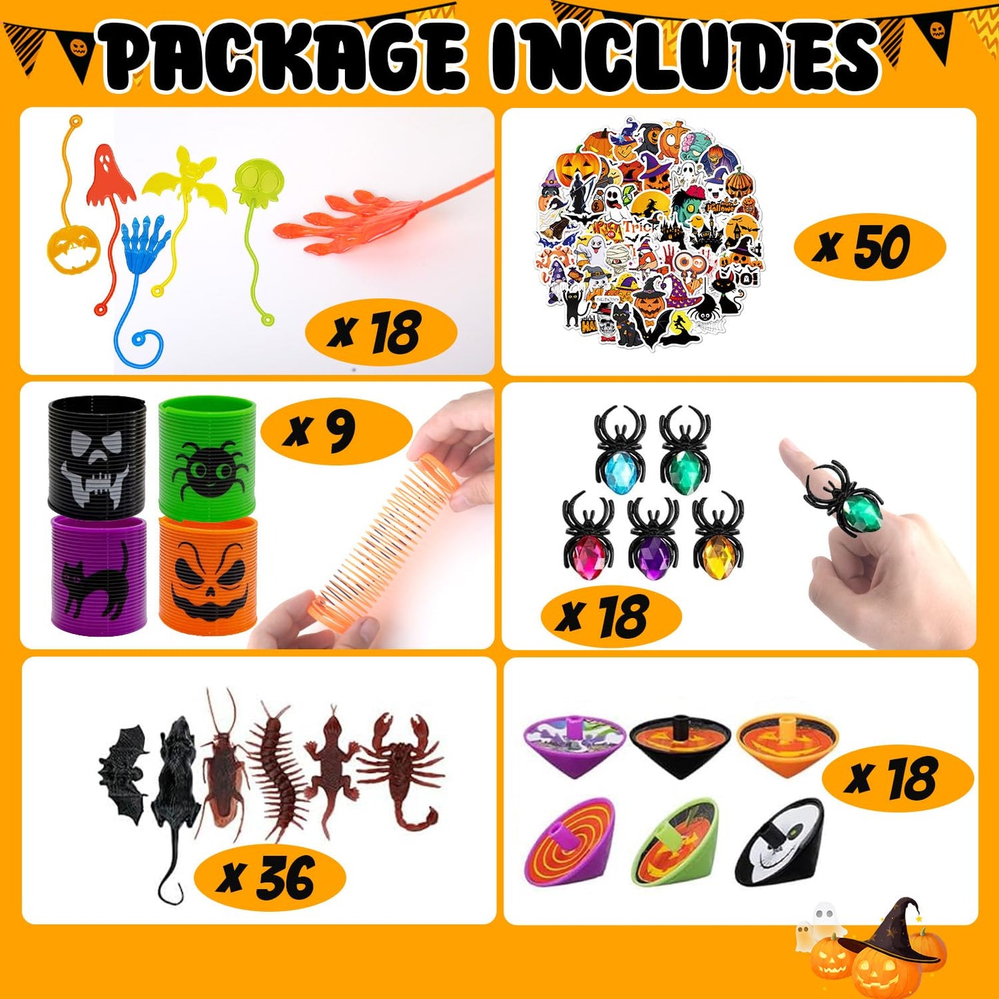 NAISEN 194PCS Halloween Party Favors For Kids, Witch Hat Shaped Halloween Goodie Bag Stuffers 18 Pack With Fun Slime Halloween Toys Bulk, Non Candy Treats for Kids Classroom Prizes