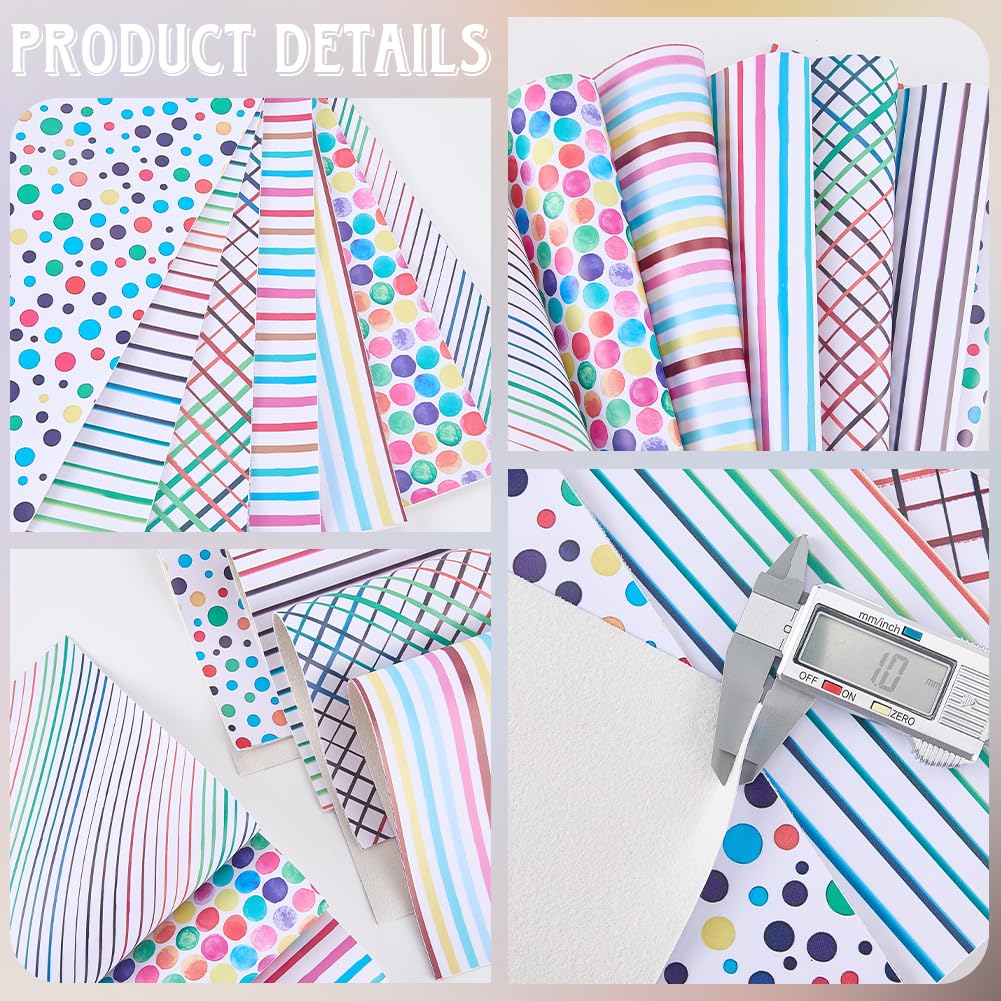 CALFOVERA 7PCS 12.99 x 7.9 Inch PU Leather Polka Dots Printed Texture Faux Leather Stripe Rainbow Sheets Colorful Geometric Leatherette Fabric Synthetic Vinyl Roll for Earrings DIY Crafts Making