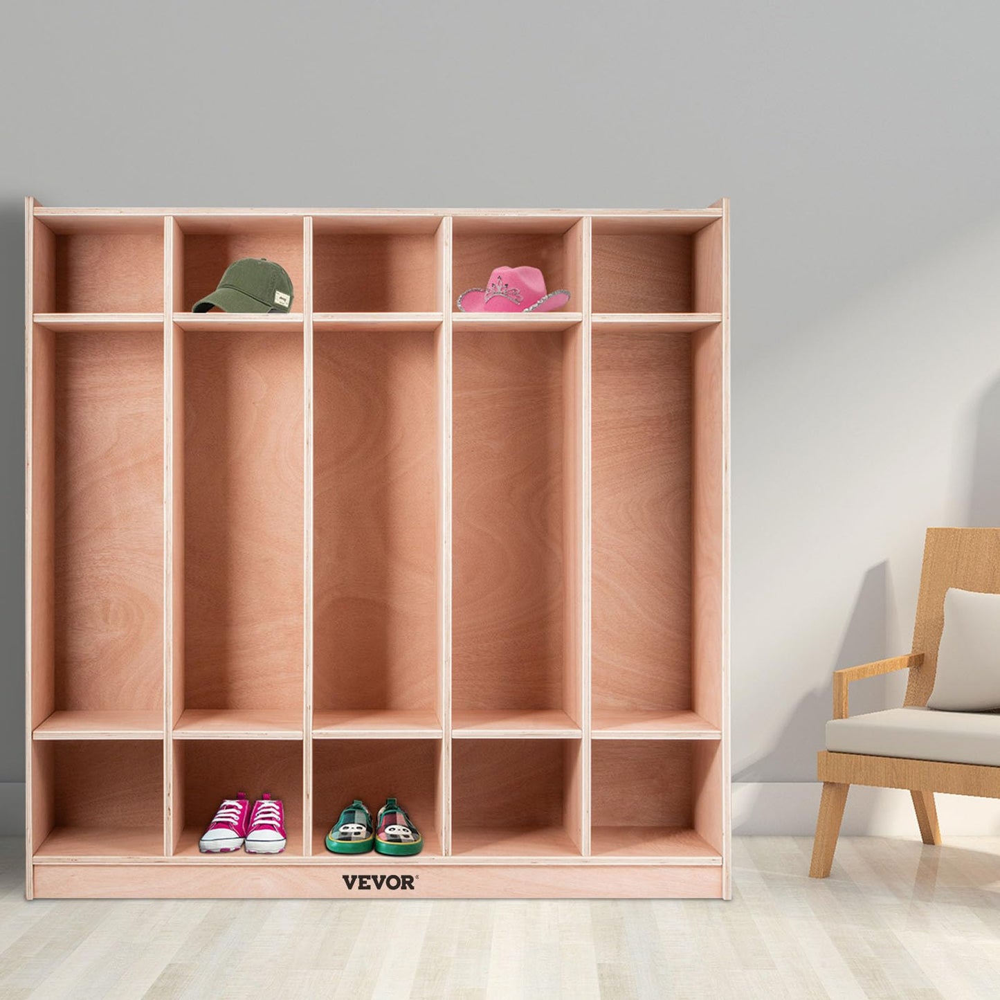VEVOR Wooden Storage Cabinet, 5-Section Storage Locker with 10 Cubbies Shelf, Multi-Compartment Cubby Shelf with 5 Hooks for School, Classroom, Daycare, Home and Preschool