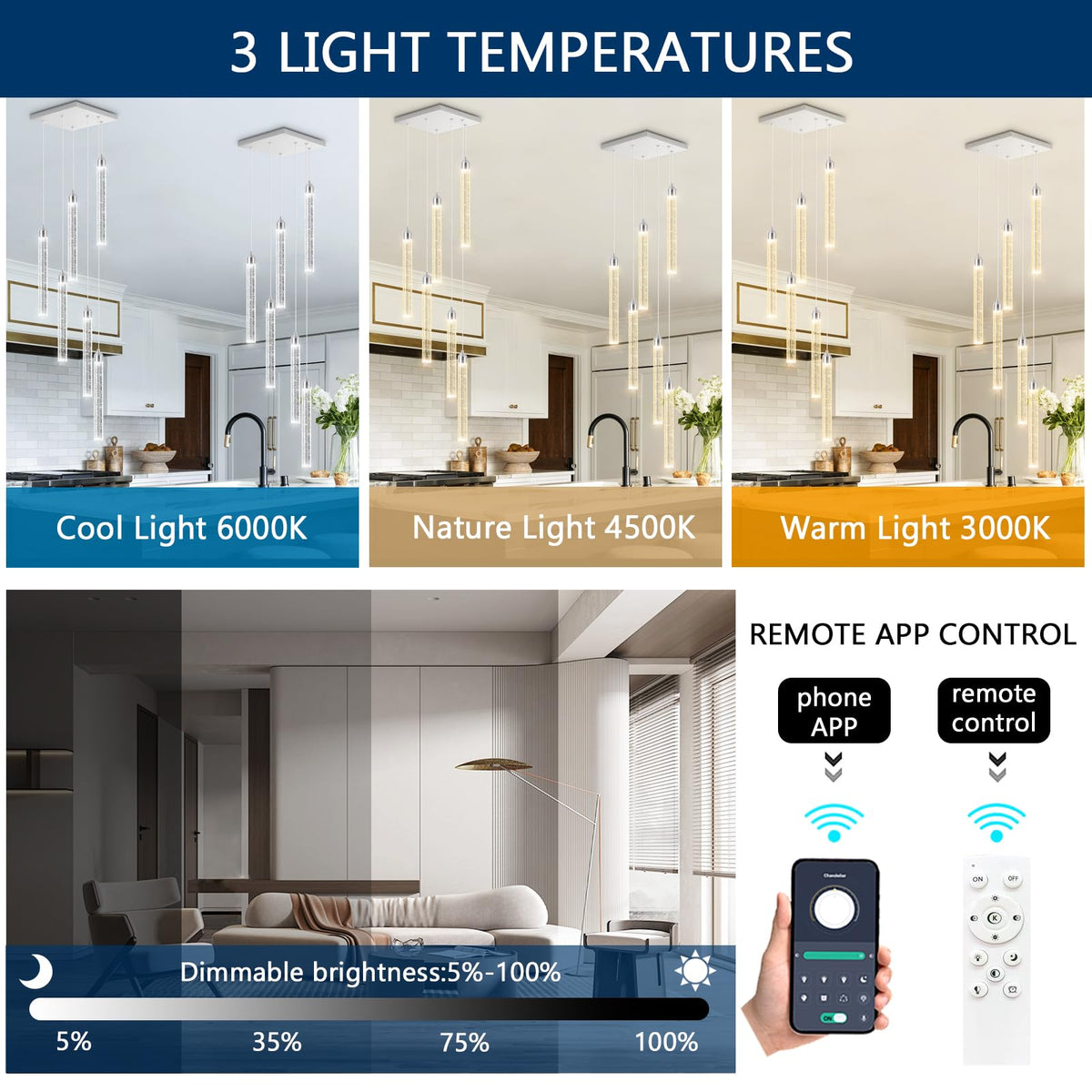 dolria Modern Crystal Pendant Lights for Kitchen Island Mini Chandelier LED Dimmable Ceiling Handing Lighting for Dining Room Corridor 2700K 6000K