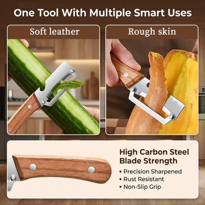 2 Pack Multifunctional Vegetable Peeler, 2-in-1 Kitchen Peeler with Bottle Opener, Sharp Stainless Steel Swivel Blade, Wooden Handle, for Potato, Carrot, Apple & Fruits