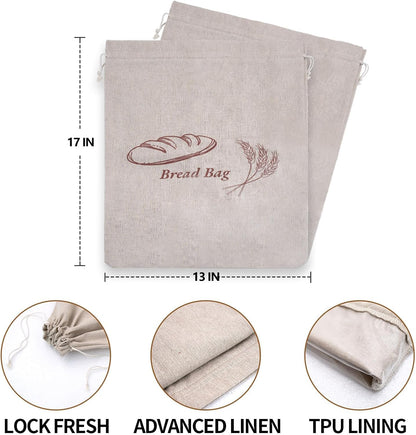 Cromagic 2-Piece Set. 13 17-inch Reusable Bread Bag x linen bread bag with plastic liner keeps bread fresh