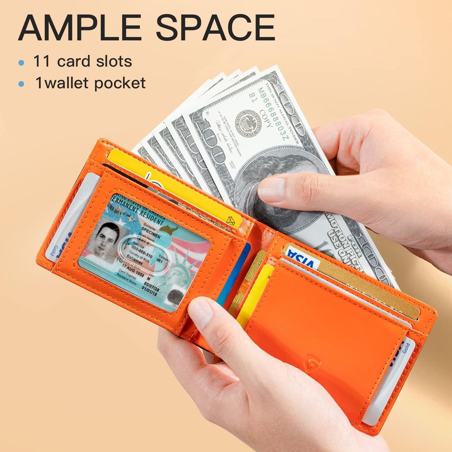 GSOIAX Mens Slim Wallet for Men Minimalist Genuine Leather Carbon Fiber Rfid Blocking Bifold Credit Card Holder With Gift Box (Carbon Black and Orange)