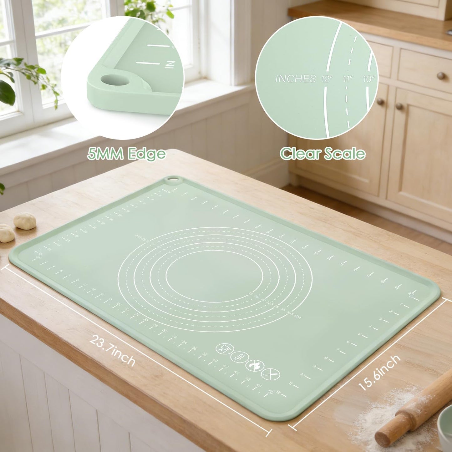 Countertop Silicone Pastry Mat, Non Slip Dough Mat with Measurements and Raised Edges, Food Grade Silicone Baking Mat