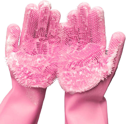 Silicone Dishwashing Gloves, Pet Grooming Rubber Scrubbing Gloves for Dishes,Sponge Wash Cleaning Glove with Scrubbers for Housework, Bathroom, Kitchen, Car, Pets. 1Pair (13.6" Large)