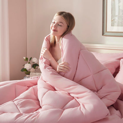 ELNIDO QUEEN® Queen Comforter Set - 7 Pieces Bed in a Bag Queen Size, Bed Set for All Seasons, Blush Pink Ultra Soft Bedding Sets with Comforter, Flat Sheet, Fitted Sheet, Pillowcases and Pillow Shams