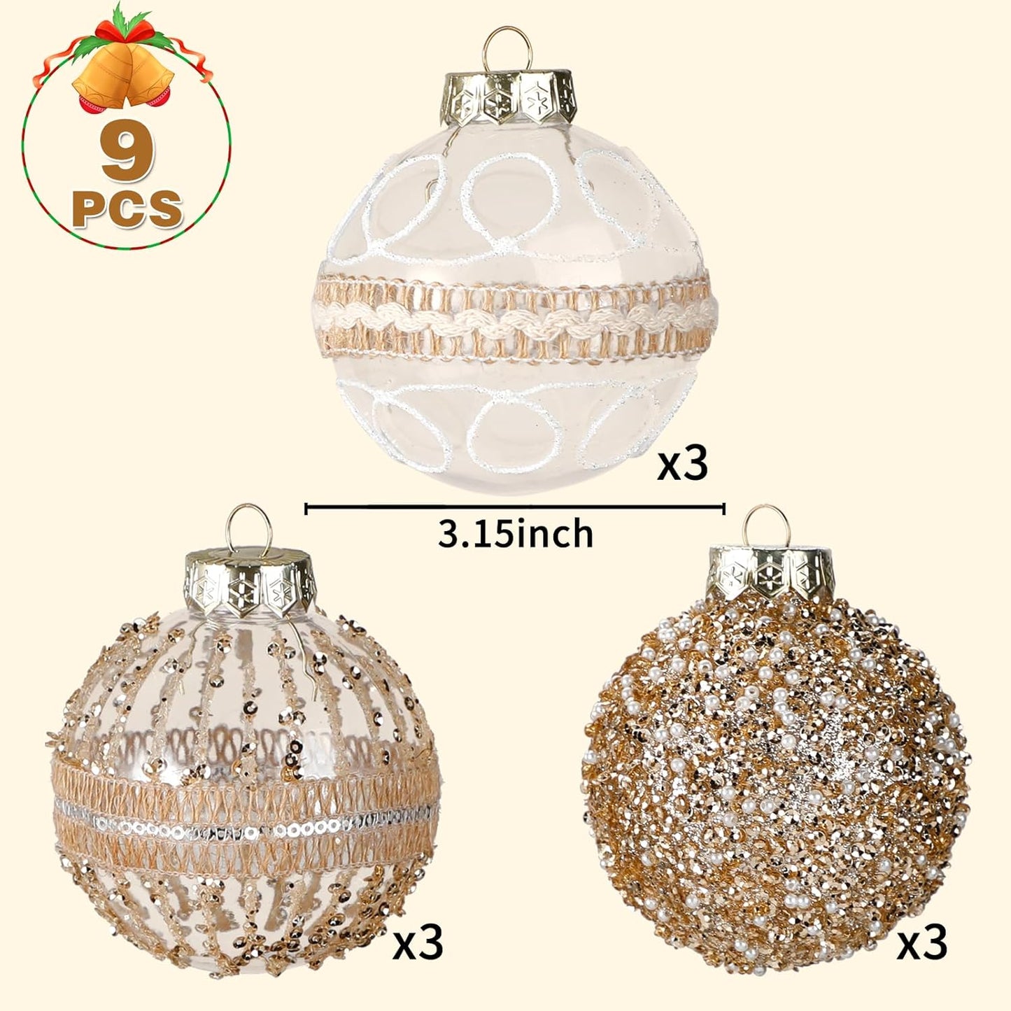 Regine Switzerland 9-Piece Christmas Ball Ornaments Set - Shatterproof Clear Champagne Decor for Holiday Parties