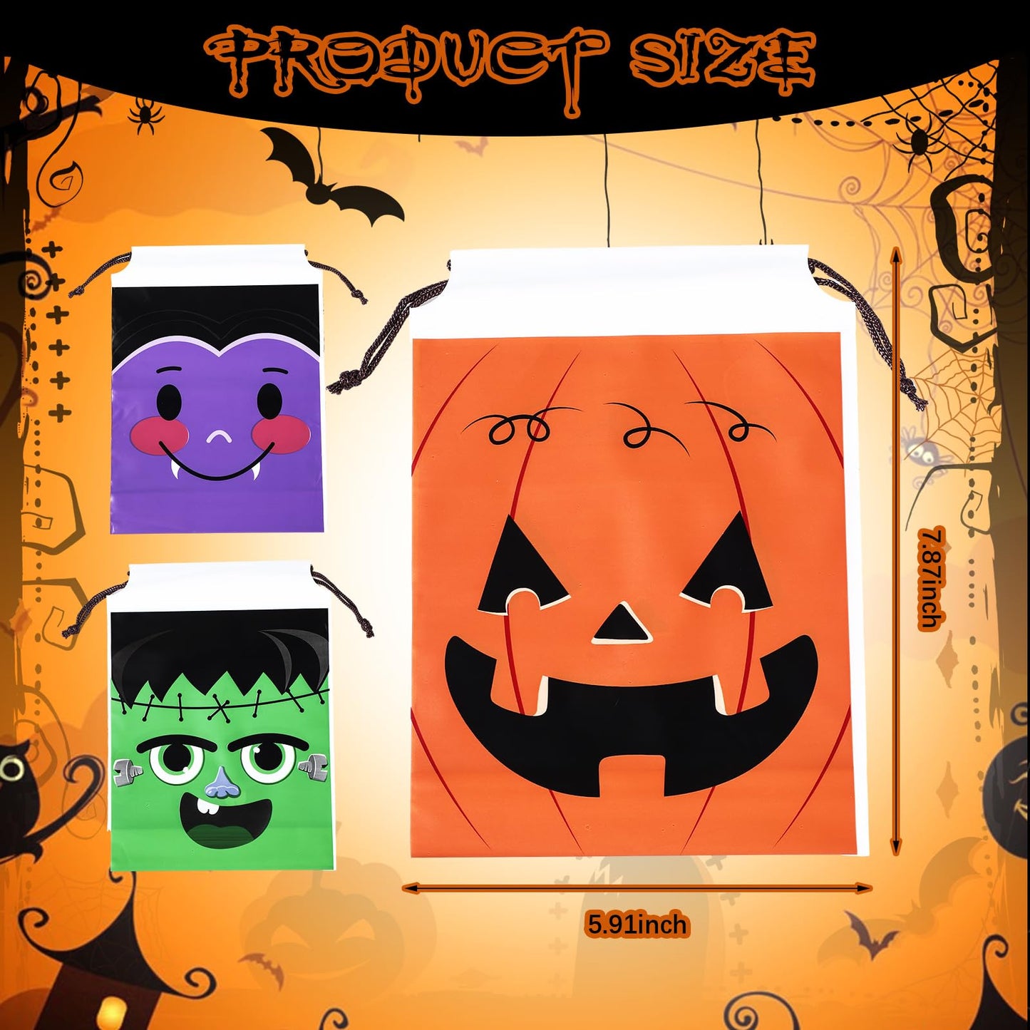 Wonderjune 75 Pcs Halloween Drawstring Treat Bags Halloween Plastic Candy Goodie Treat Sack Gift Bags for Boys Girls Birthday Holiday Theme Party Favors Supplies