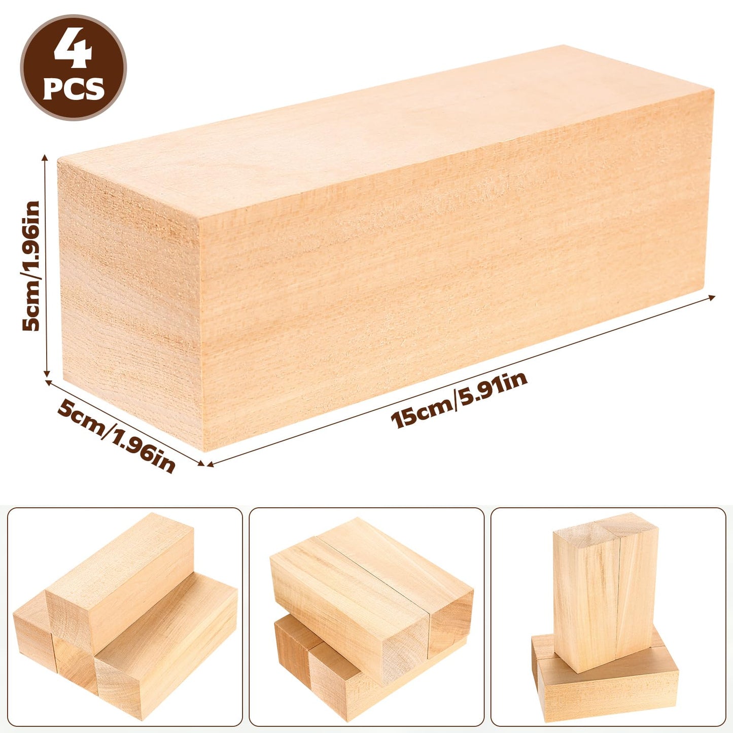 Basswood Carving Blocks, 4 Pcs Unfinished Wooden Blocks for Crafts, Basswood for Wood Carving Blocks, Bass Wood for DIY Carving, Crafting, Whittling, for Adults Beginner Experts - 5.9x2x2