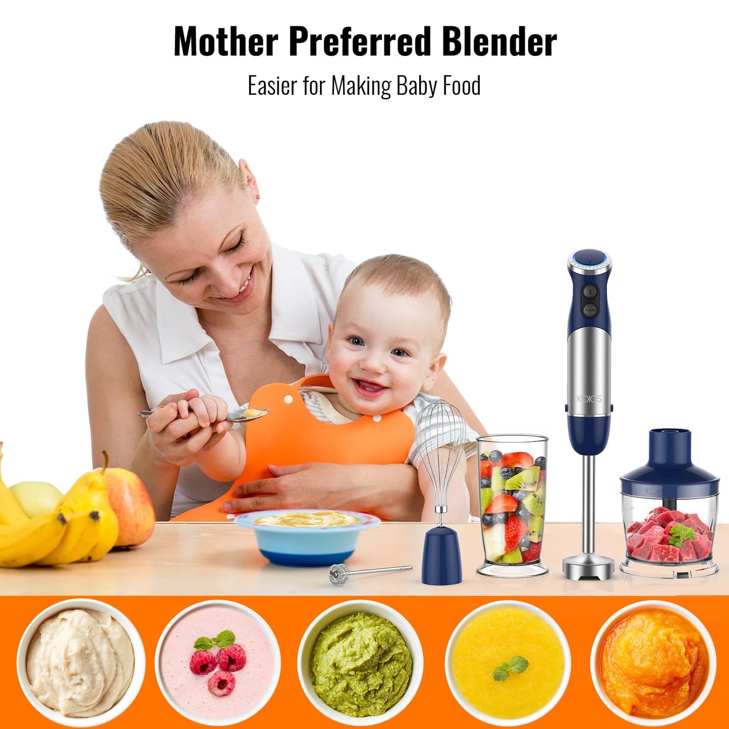 KOIOS 5-in-1 Hand Immersion Blender, 1000W 12 Speed Handheld Blender Stick with Copper Motor Stainless Steel Blade, 600ml Mixing Beaker,500ml Food Processor, Whisk, Milk Frother, Non-BPA, Red