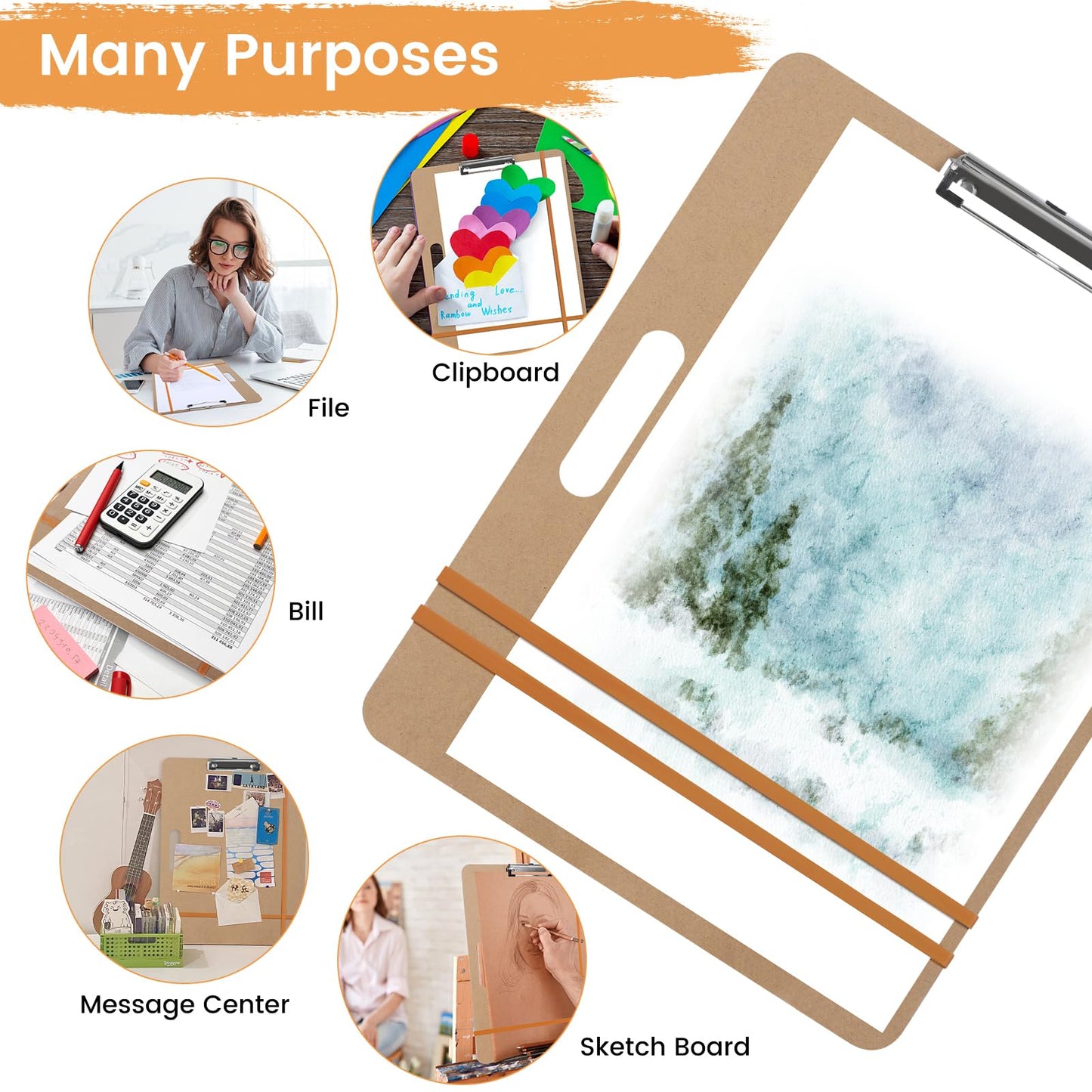 2 Pack Drawing Board, 17 x 13 Inch Portable Sketch Boards with 2 Rubber Bands, Easy to Use and Carry Art Clipboard for Painting in Class Studio Travel, Brown