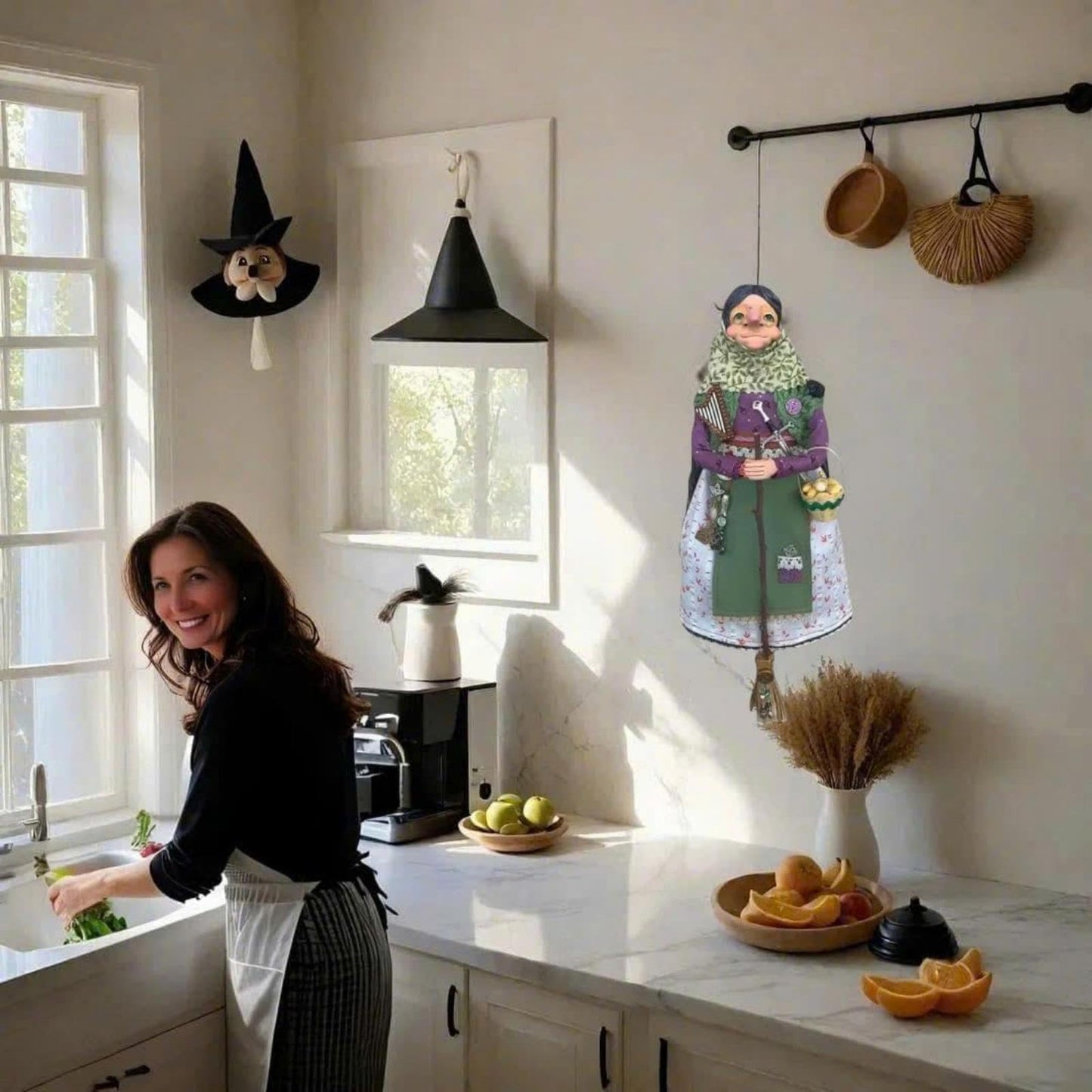 Handmade Kitchen Witch Doll, Good Luck Cooking Dolls Hanging Ornament, Unique Home Decor Figure on Broomsticks for Cooks, Festive Lucks Charm Decoration for Culinary Enthusiasts(B)