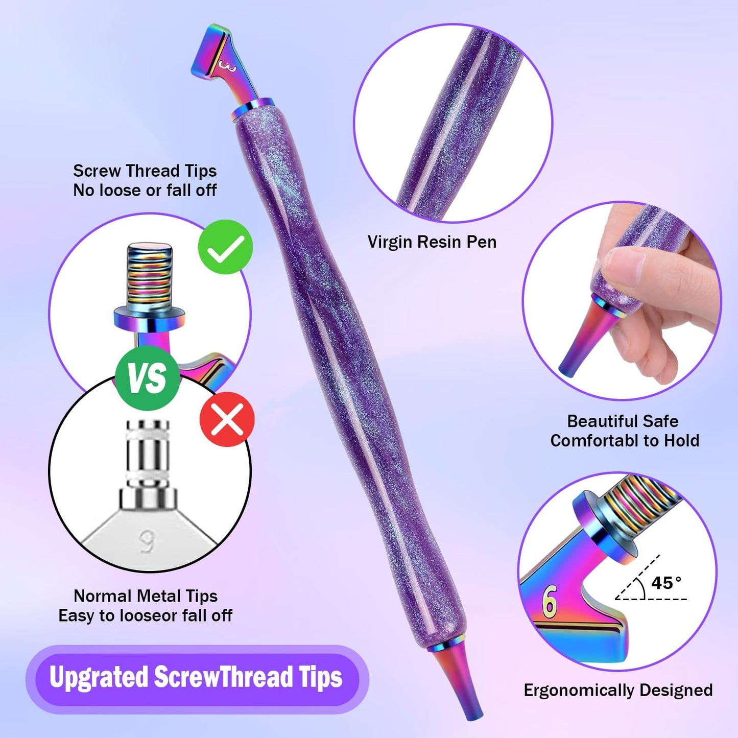 DoreenBow 21Pcs Diamond Art Painting Pen Kit Angled Screw Thread Tips Metal Stainless Steel Rainbow Diamond Art Tips Ergonomic Diamond Art Tools with 6 Clay, Shiny Pen