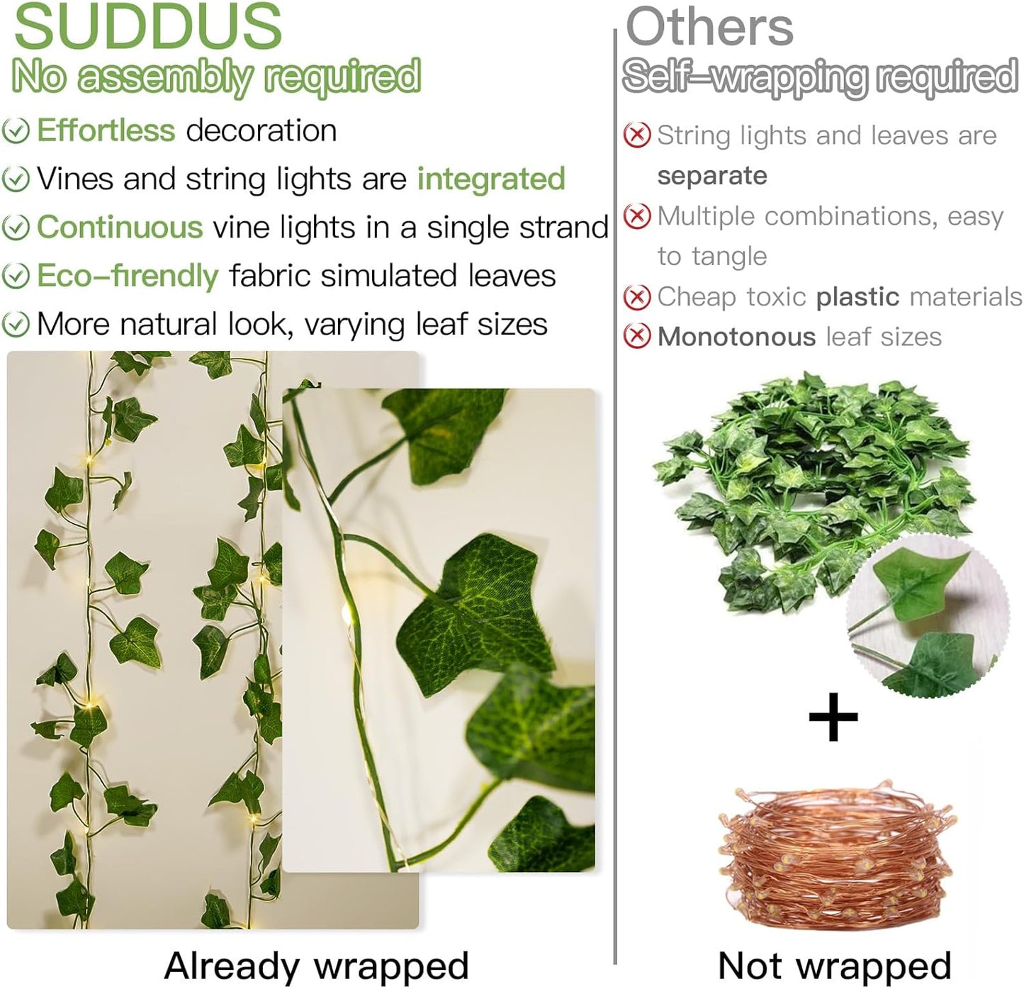 13.1ft 40 suddus Vine with Fairy Lights Battery Operated, LED Ivy String Light with Remote, Leaf Lights for Bedroom