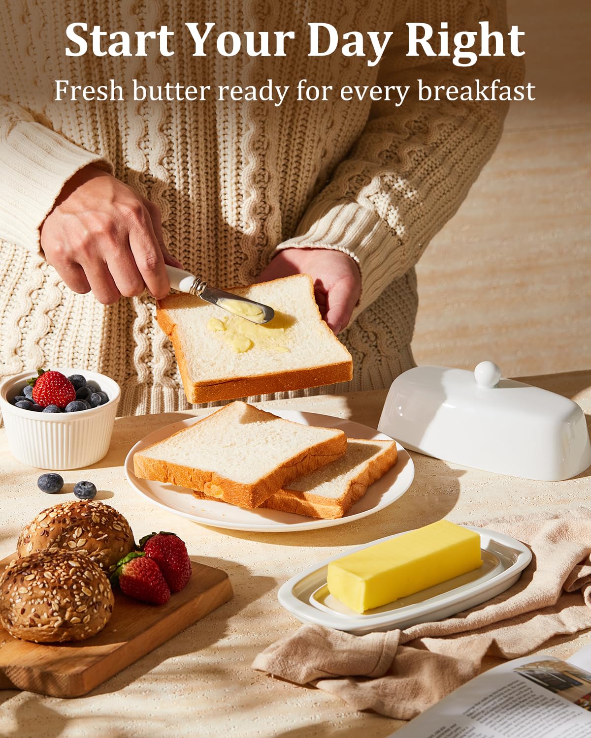 Yedio Ceramic Butter Dish with Lid and Knife for Countertop Refrigerator, 8 Inch White Butter Holder with Porcelain Cover Knob Handle for East West Coast Butter Stick