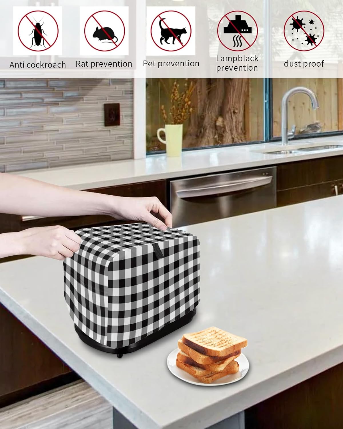 Black and White Checkered Toaster Cover 2 Slice, Farmhouse Buffalo Plaid Kitchen Appliance Dust Cover with Loop