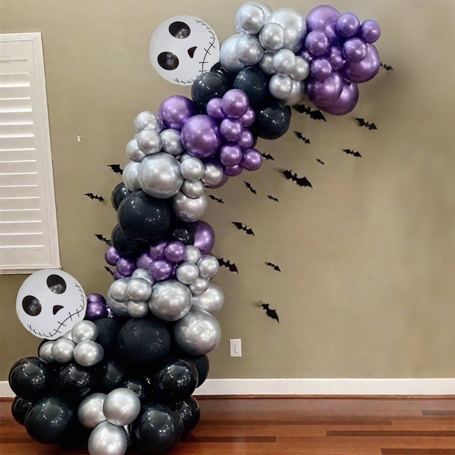 Skull Halloween Birthday Party Decorations Metallic Purple Black Silver Balloon Garland Arch Kit with Stripe Skull Balloons for Ghost Skeleton Trunk or Treat Halloween Birthday Baby Shower Decorations