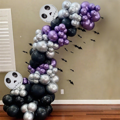 Skull Halloween Birthday Party Decorations Metallic Purple Black Silver Balloon Garland Arch Kit with Stripe Skull Balloons for Ghost Skeleton Trunk or Treat Halloween Birthday Baby Shower Decorations