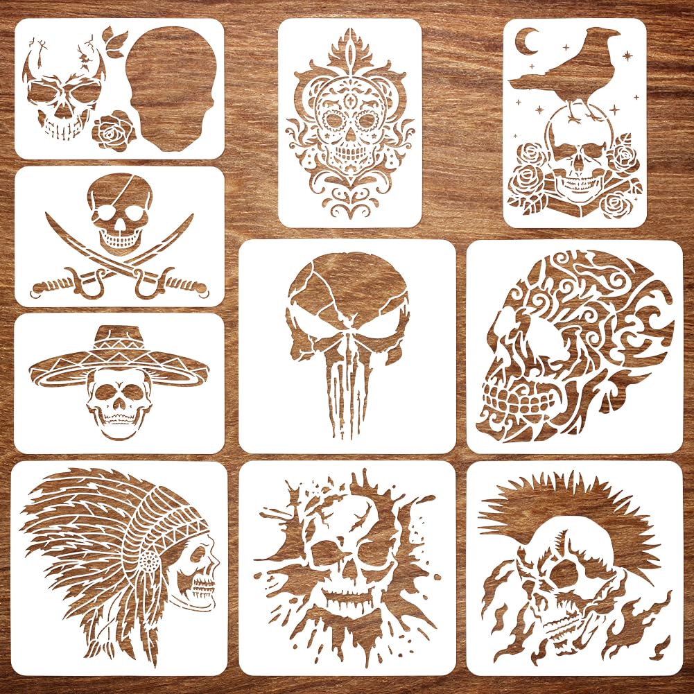 FINGERINSPIRE 10 Pcs Skull Spraying Stencils 8.3x11.7 11.8x11.8 Skeleton Crows Vampire Painting Large Stencil Reusable Horror Theme Big Templates for Porch Sign Door Hanger Holiday Decor
