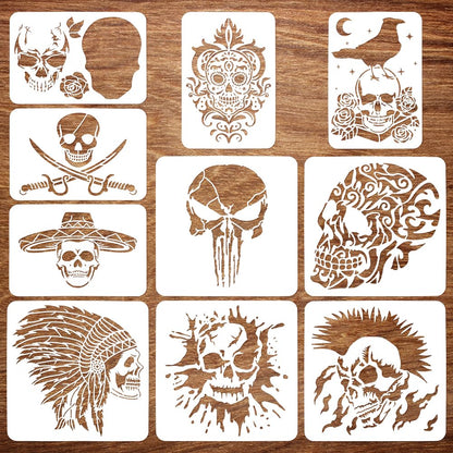 FINGERINSPIRE 10 Pcs Skull Spraying Stencils 8.3x11.7 11.8x11.8 Skeleton Crows Vampire Painting Large Stencil Reusable Horror Theme Big Templates for Porch Sign Door Hanger Holiday Decor