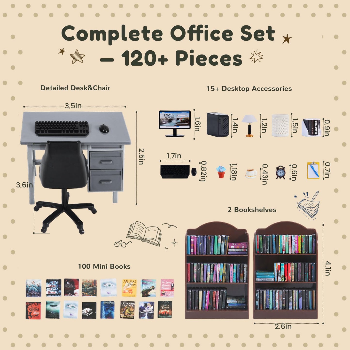 1:12 Scale Mini Desk Set with 100 Mini Books & 2 Bookshelves — Miniature Dollhouse Furniture Set with Office Chair, Computer & 15+ Accessories — Mini Desk Accessories for Doll House Diorama