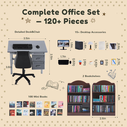 1:12 Scale Mini Desk Set with 100 Mini Books & 2 Bookshelves — Miniature Dollhouse Furniture Set with Office Chair, Computer & 15+ Accessories — Mini Desk Accessories for Doll House Diorama