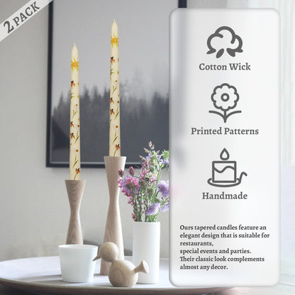 Floral Taper Candles 10 Inch Tall Unscented Handmade Beige Renanthera Coccinea Print Long Burning Elegant Candlesticks for Wedding Dinner Home Decor