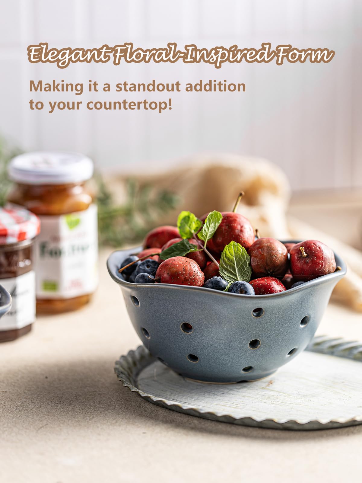 Gomakren Ceramic Berry Basket Set of 2, Elegant Fruit Bowl with Holes for Kitchen Counter, 6 Inch, Berries, Strawberry, Grape, Cherry, Floral Shape, Slate Blue, Dishwasher Safe