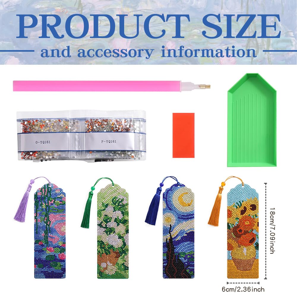 icceemee 4 pcs Oil Painting Themes Diamond Painting Bookmarks, DIY Diamond Art Kits for Adults, Book Corner - Protecting Bookmark Craft Supplies Kits for Book Lovers