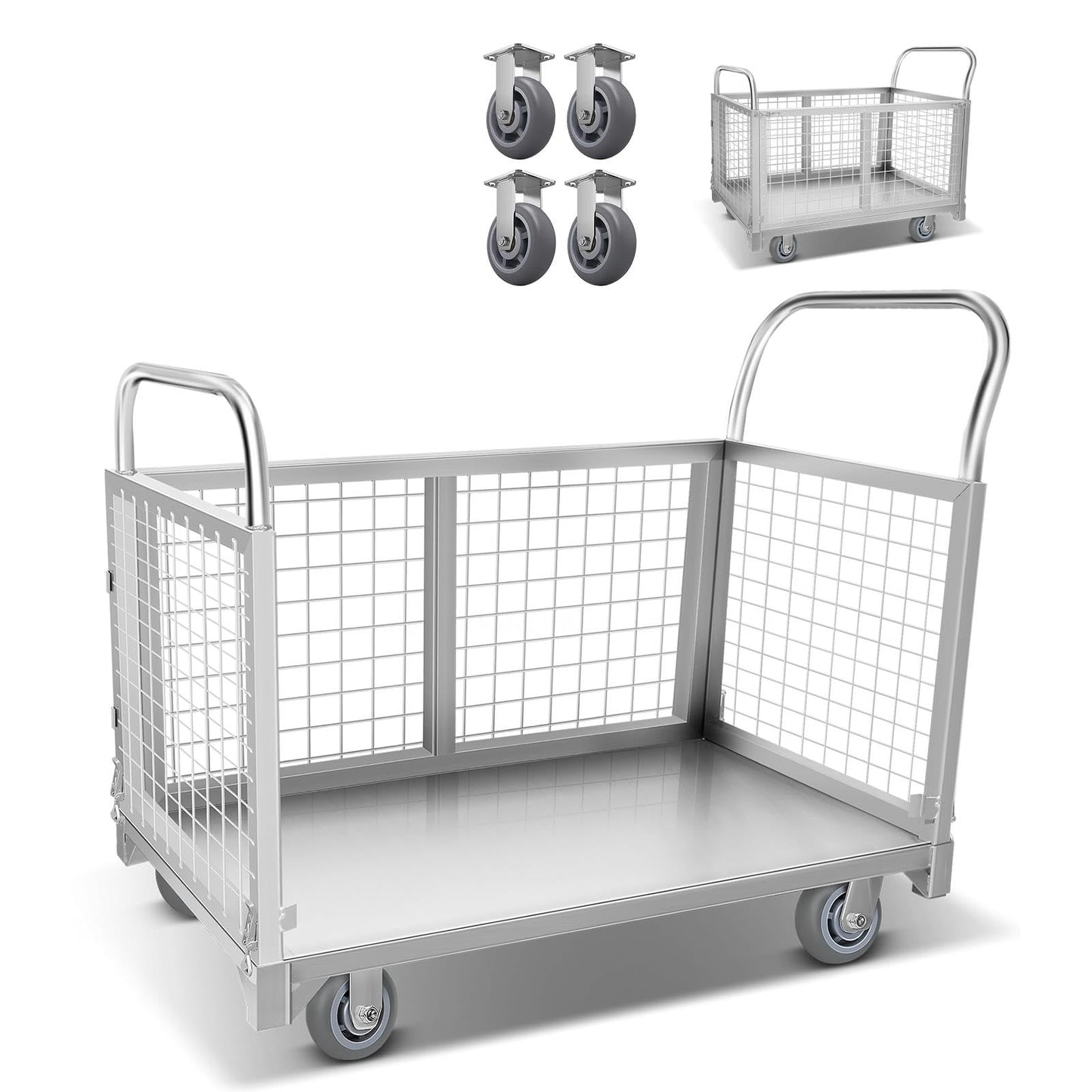 2200LBS Capacity Reinforced Flatbed Truck for Warehouses, Heavy-Duty Platform Truck Cart with Cage, Maneuverable Platform Trucks with 360° Wheels, Versatile Platform Truck for Home & Business.