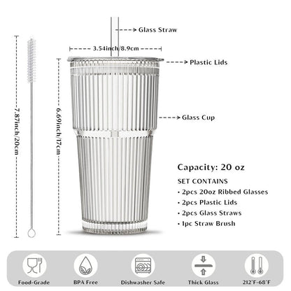 INSETLAN 20 oz Ribbed Glass Tumblers with Lids and Glass Straws – 2-Piece Glassware Set, Heavy-Duty Tumblers, Ideal for Iced Coffee, Smoothies, Cocktails, and Juices – Elegant and Durable Drinkware