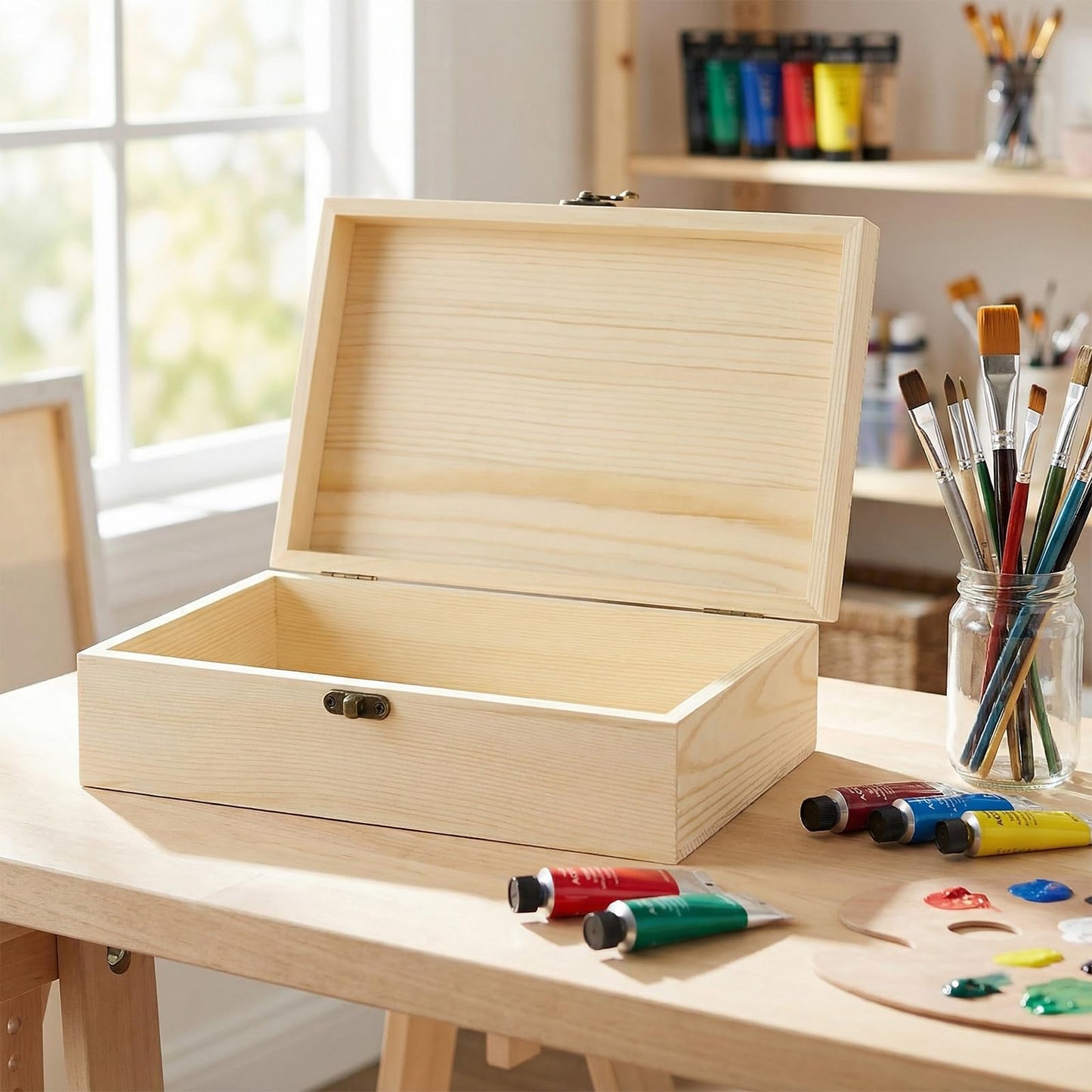 YAUFWUA 4 Pack Unfinished Wooden Boxes,9.8x6x3.14 Inch Wood Box with Hinged Lid Rectangle Wooden Storage Box Lot for Crafts, Jewelry