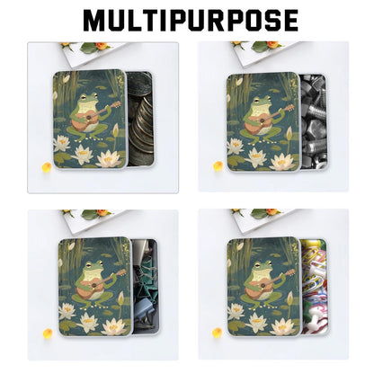 VACGBJPG Metal Tin Box with Lid,Multi-functional Storage Large Box Can Store Tea Biscuits Game Cards, Playing & Tarot Cards-Comes with 4 Magnetic Cord Clips,Frog Playing Guitar