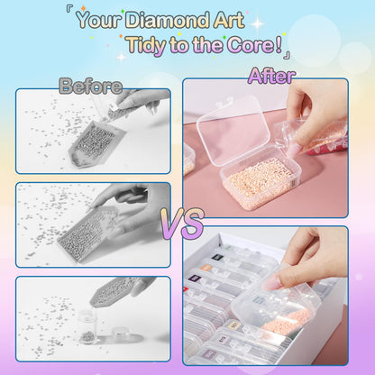 Glotrove Diamond Art Storage Containers Trays, 45pcs Diamond Painting Trays with Lids, 2-in-1 Beads, Gems & Drills Storage and Line-Up Accessories for Diamond Painting