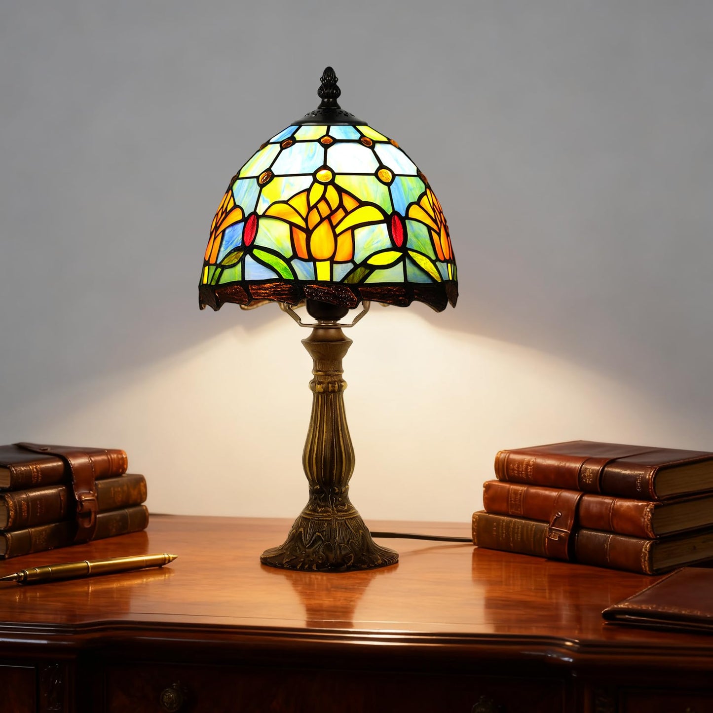 MOAN Small Lamp Stained Glass Table Lamp 8X14.5 Inch Bedside Reading Light Antique Light Desk Lamp(Rose Style)